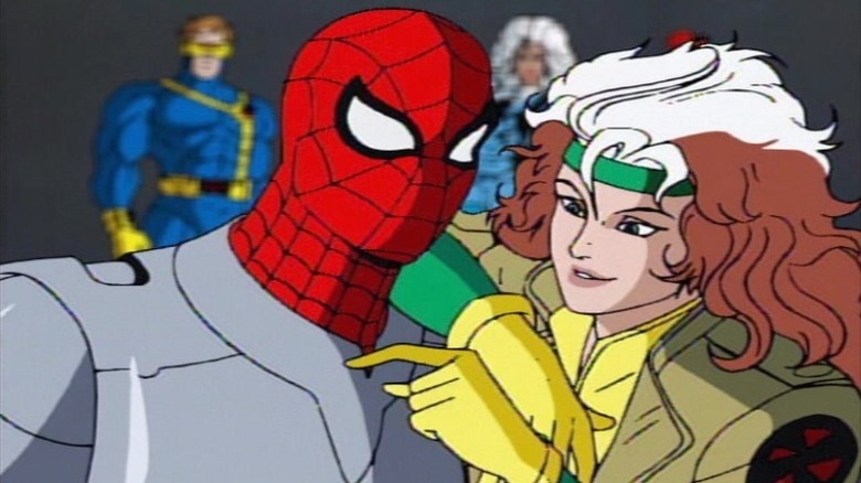 Rogue flirting with captured Spider-Man with the other X-Men in the background on Spider-Man (1994)