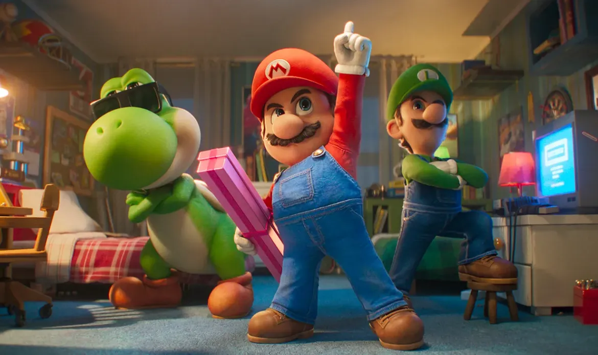 L to R: Yoshi (Donald Glover), Mario (Chris Pratt) and Luigi (Charlie Day) in Nintendo and Illumination’s The Super Mario Galaxy Movie, directed by Aaron Horvath and Michael Jelenic.
