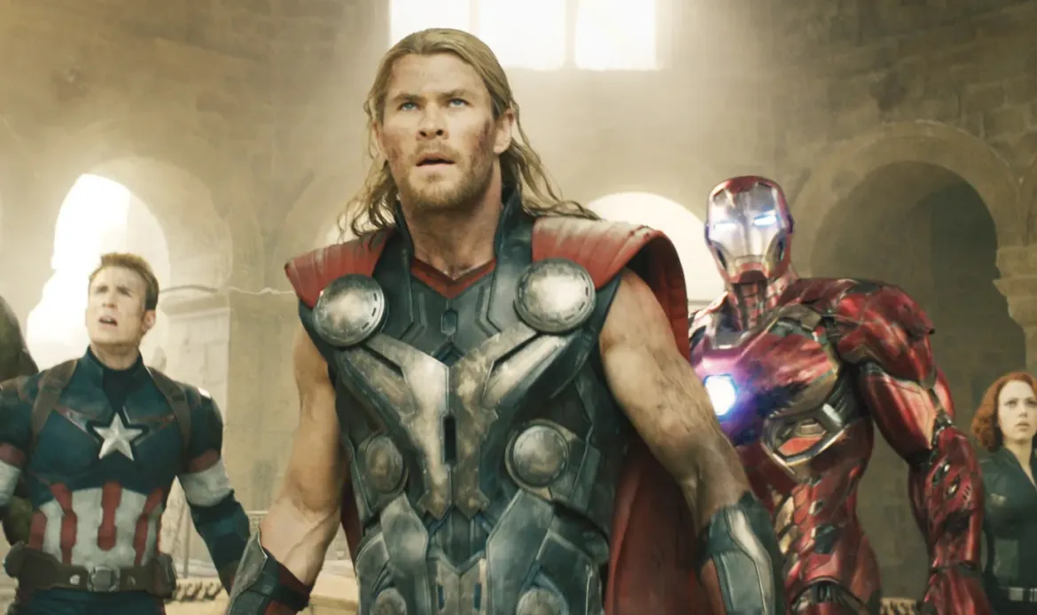 From left: Chris Evans (as Captain America), Chris Hemsworth (as Thor), Iron Man (Robert Downey, Jr.) and Scarlett Johansson (as Black Widow) in 'Avengers: Age of Ultron.'