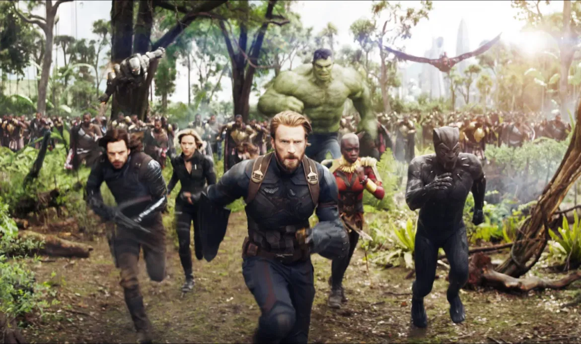 AVENGERS: INFINITY WAR, from left: Don Cheadle as War Machine, Sebastian Stan as Winter Soldier, Scarlett Johansson as Black Widow, Chris Evans as Capt. America, Mark Ruffalo as Hulk, Danai Gurira, top right: Anthony Mackie as Falcon, Chadwick Boseman as Black Panther, 2018. © Marvel/ © Walt Disney Studios Motion Pictures /Courtesy Everett Collection