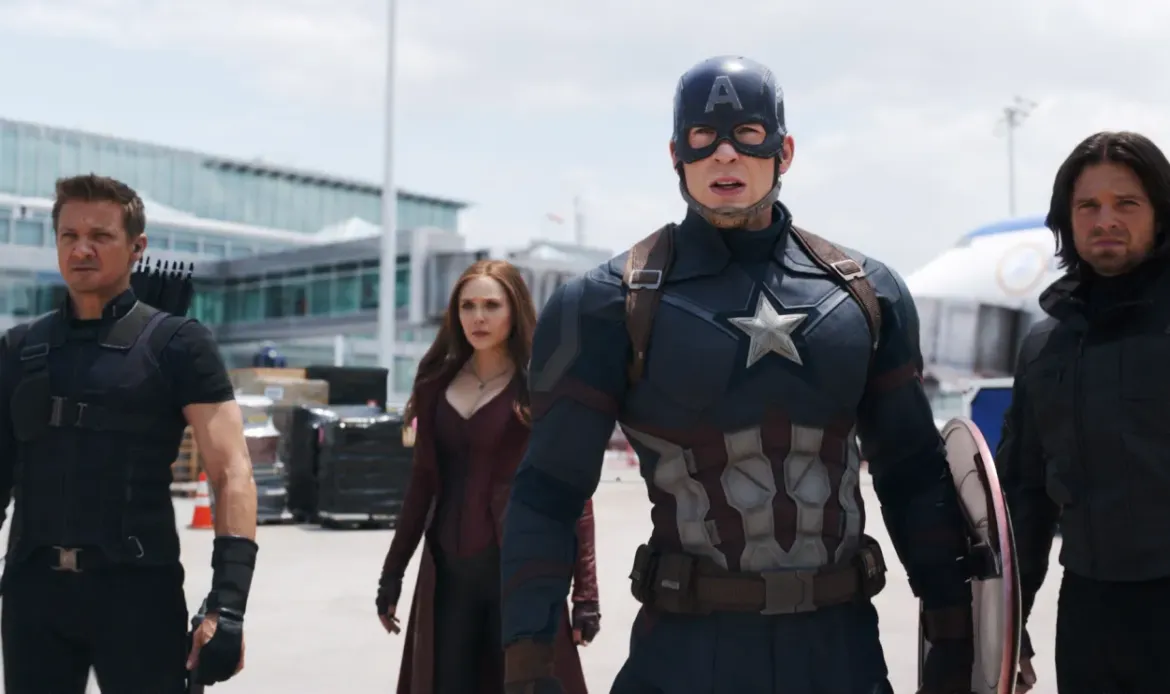 Jeremy Renner, Elizabeth Olsen, Chris Evans and Sebastian Stan in 'Captain America: Civil War.'