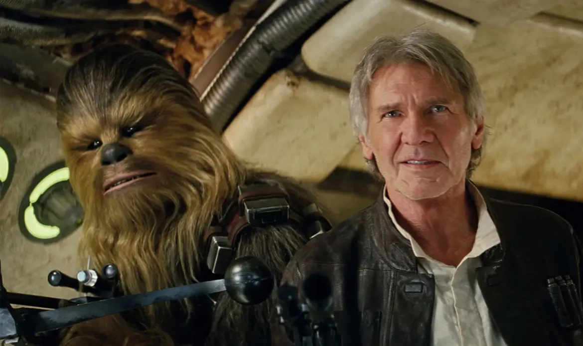 Peter Mayhew as Chewbacca and Harrison Ford in 2015's 'Star Wars: Episode VII — The Force Awakens'