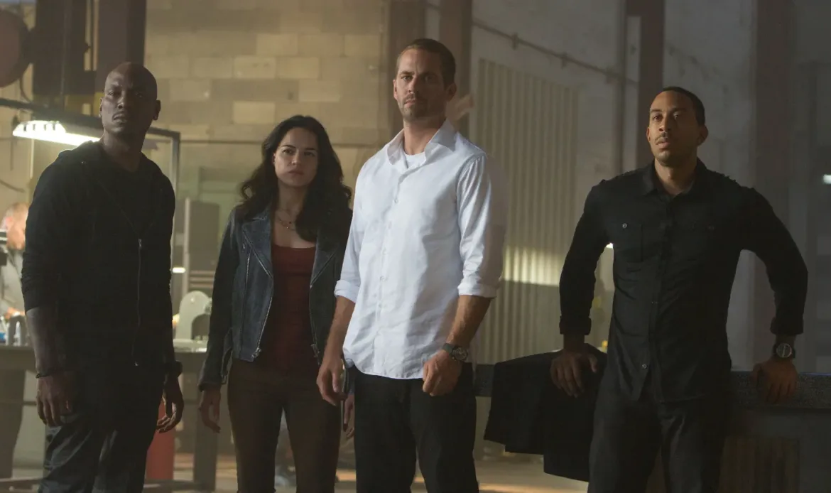 FURIOUS 7, (aka FAST & FURIOUS 7), from left: Tyrese Gibson, Jordana Brewster, Paul Walker, Ludacris, 2015. ph: Scott Garfield/©Universal Pictures/courtesy Everett Collection