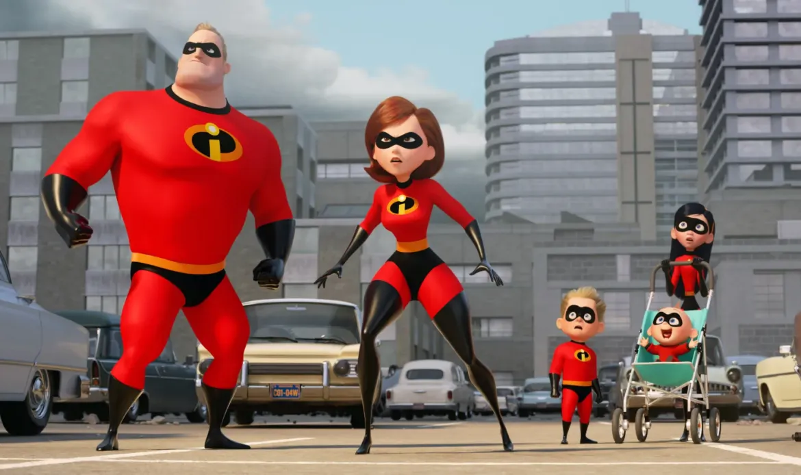 INCREDIBLES 2, from left: Mr. Incredible (voice: Craig T. Nelson), Elastigirl (voice: Holly Hunter), Dash Parr, Jack-Jack Parr, Violet Parr (voice: Sarah Vowell), 2018. © Walt Disney Studios Motion Pictures /Courtesy Everett Collection