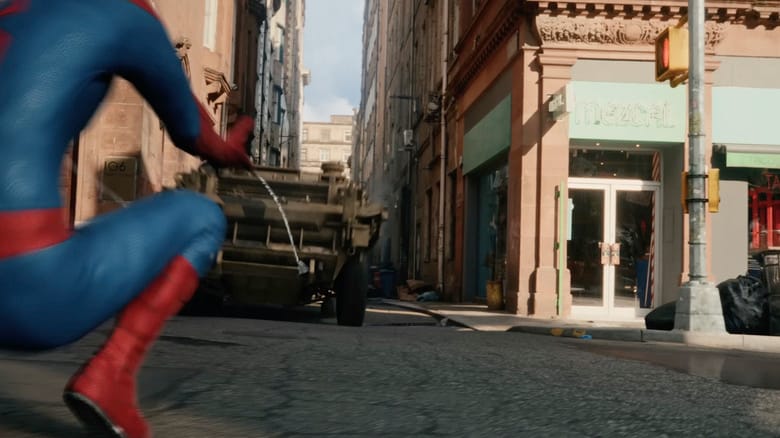 Spider-Man shooting a tank with his webs as it races through an alley in Spider-Man: Brand New Day