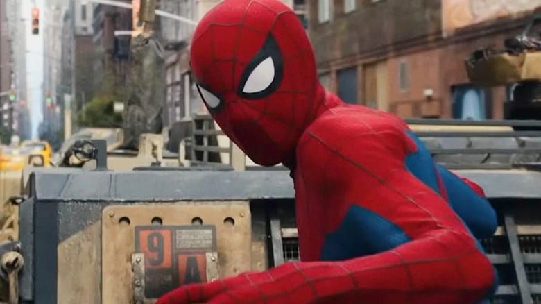 Spider-Man on top of a tank, looking backward over his shoulder toward the camera, in Spider-Man Brand New Day