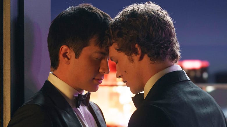 Shane (Hudson Williams) and Ilya (Connor Storrie) embrace in Heated Rivalry