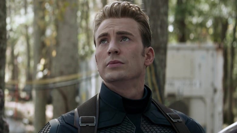 Chris Evans as Steve Rogers looking up at Hulk at the end of Avengers: Endgame
