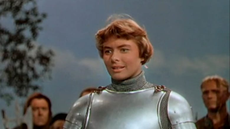 Ingrid Bergman's Joan of Arc smiles wearing a suit of armor in Joan of Arc