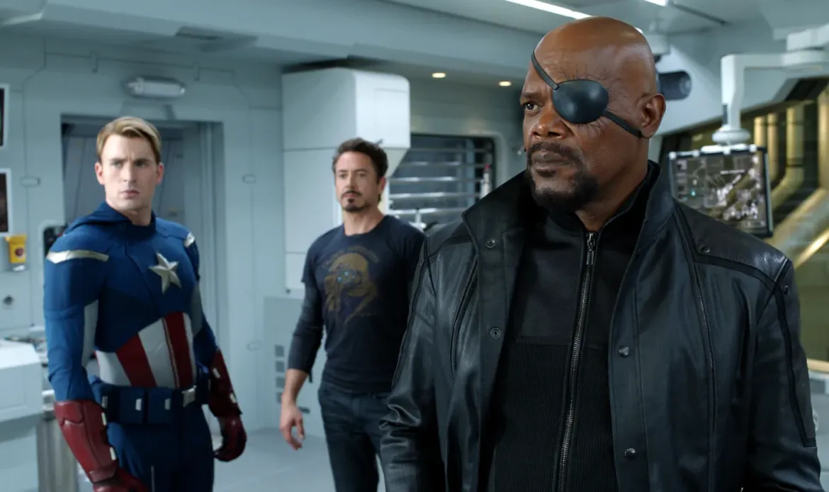 THE AVENGERS, l-r: Chris Evans (as Captain America), Robert Downey Jr. (as Tony Stark), Samuel L. Jackson (as Nick Fury), 2012, ©Walt Disney Studios Motion Pictures/courtesy Everett Collection
