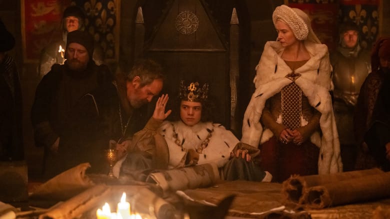Woody Norm as King Richard III seated on a throne next to Tom Hollander as Treasurer Hales and Katherine Waterston as The Countess in The Uprising