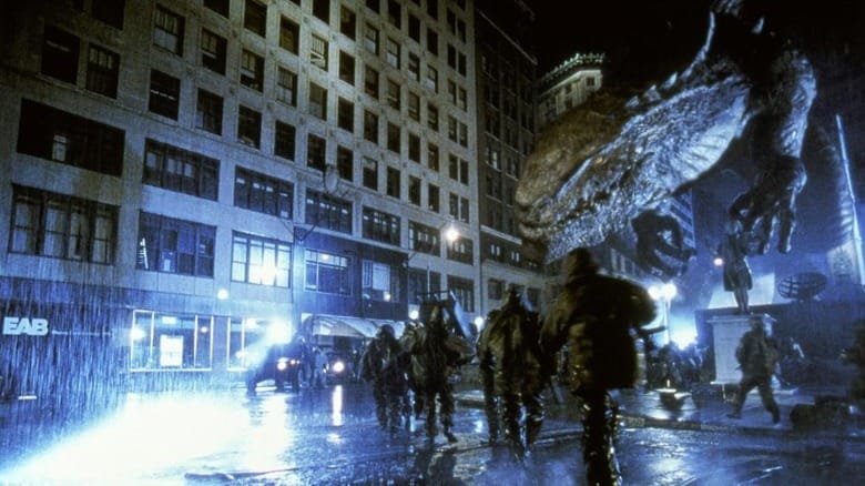 Zilla chasing soldiers down the street in Godzilla (1998)