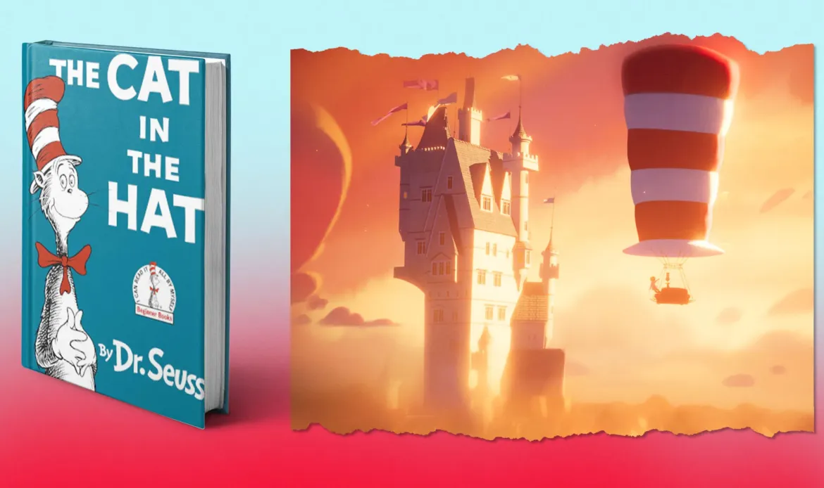 From left: ‘Cat in the Hat’ by Dr. Seuss book cover; Still from The Cat in the Hat (2026 film).
