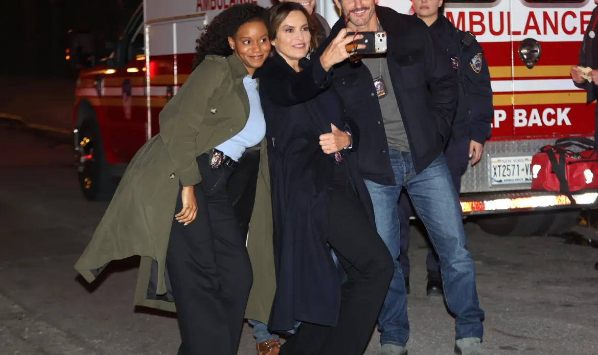Aime Donna Kelly, Mariska Hargitay, Corey Cott and Kevin Kane take a selfie together on the set of Law and Order: Special Victims Unit in Manhattan.