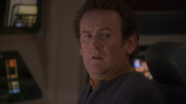Colm Meaney's Miles O'Brien looks to his left in closeup in Star Trek Deep Space Nine