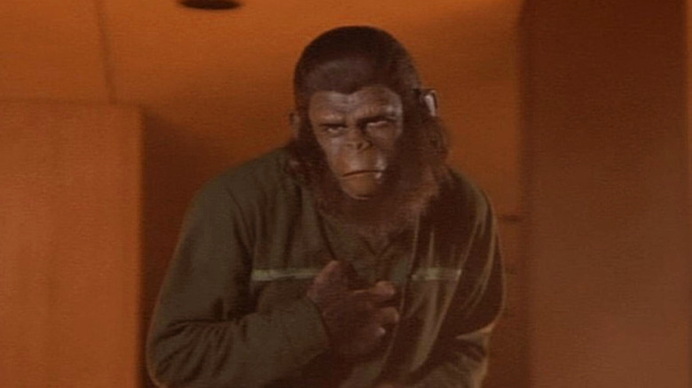 Caesar looking out at the flames of a riot in Conquest of the Planet of the Apes