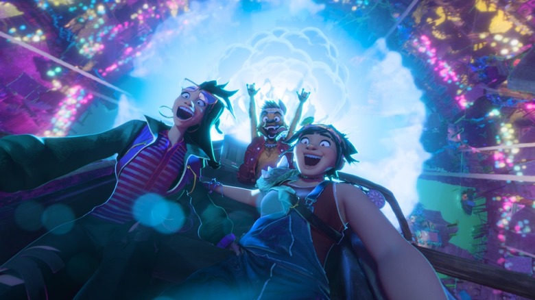 H.E.R. as the voice of Jo riding through a portal next to Liza Soberano as the voice of Raissa and Dave Franco as the voice of Raww in Forgotten Island