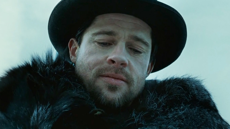 Brad Pitt's Jesse James looks sad in closeup in The Assassination of Jesse James by the Coward Robert Ford