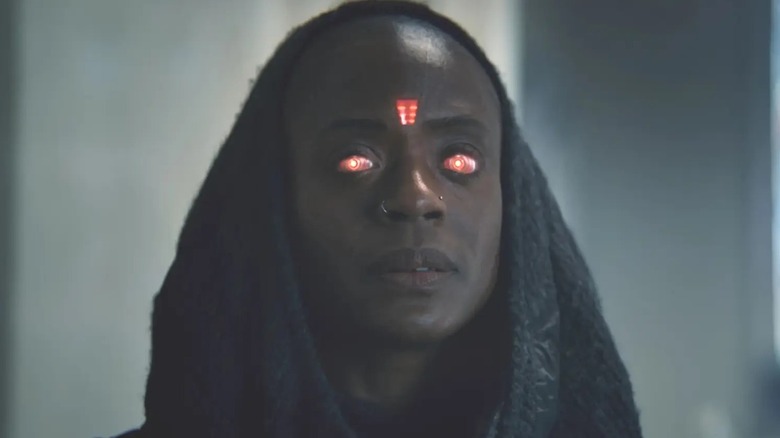 Jocasta human form with glowing red eyes in VisionQuest