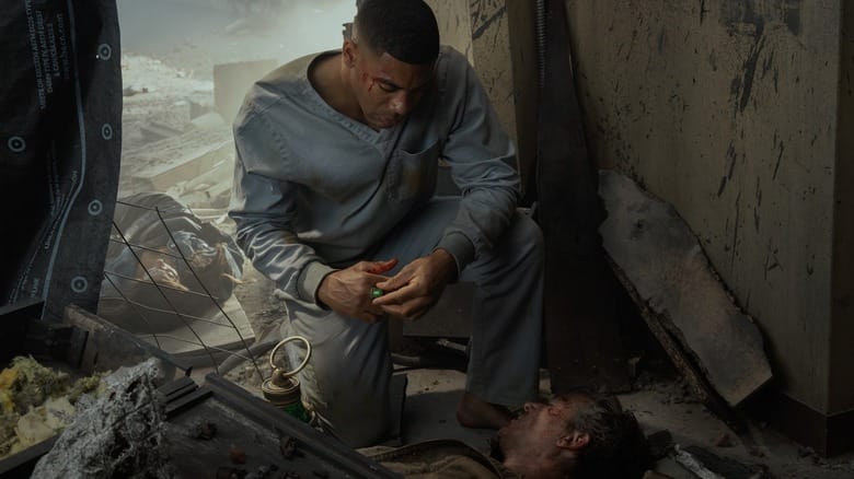Aaron Pierre's John Stewart kneels over Kyle Chandler's Hal Jordan in the wreckage of a motel room in Lanterns