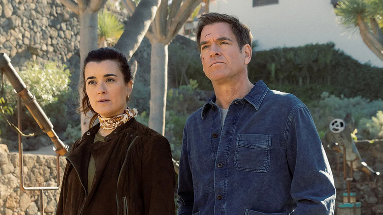 Tony and Ziva standing together in a park outside on NCIS: Tony & Ziva