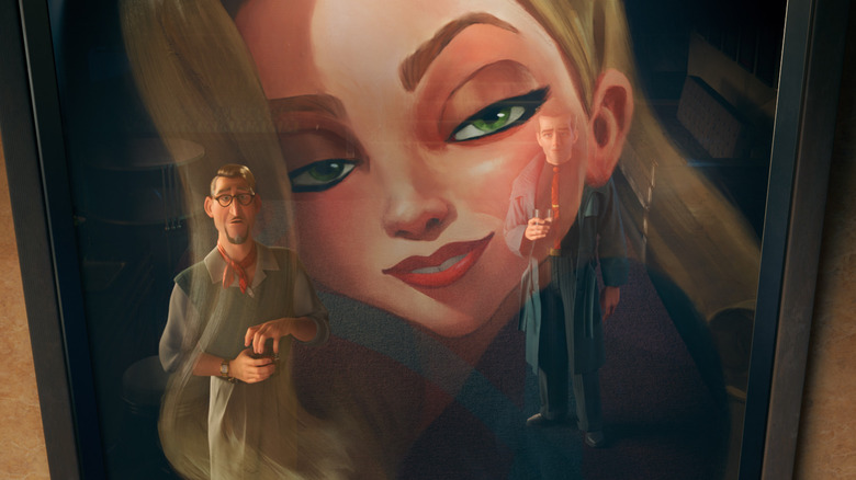 Sam Rockwell as the voice of Raymond Gunn standing next to Alan Tudyk as Barry Vogel reflected in a portrait of Scarlett Johansson as Venus Nova in Ray Gunn